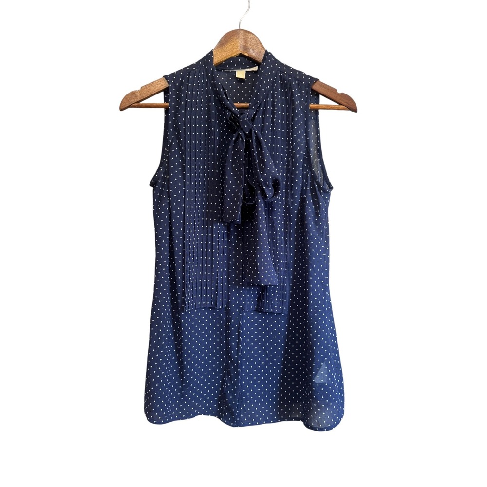 Michael Michael Kors Blouse Womens 6 Navy Blue Polka Dot Tie Neck Pleated Top